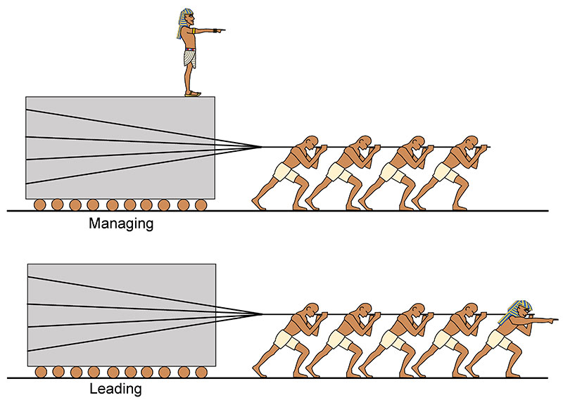 Cartoon recreated by Patrick MacLeamy illustrates the crucial difference
between leading and managing people as an executive.